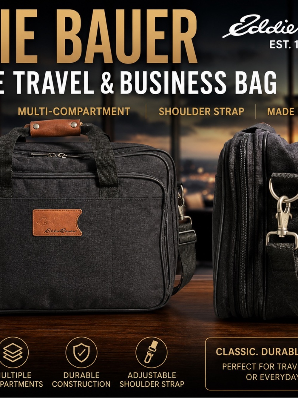 Eddie Bauer Black Canvas Laptop Brief with Brown Leather Accents
